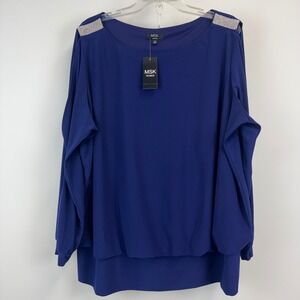 MSK Women 3X Midnight Blue Rhinestone Shoulder Split Sleeve Blouse NWT 21393